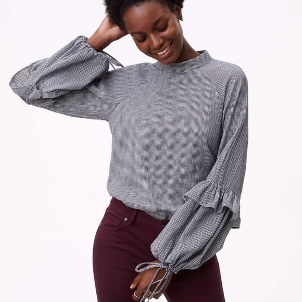 LOFT Houndstooth Ruffle Tie Blouse
